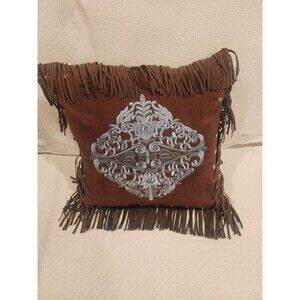 Suede Fringed Brown Square Stud Decor Pillow  Medallion Baroque Western Ornate